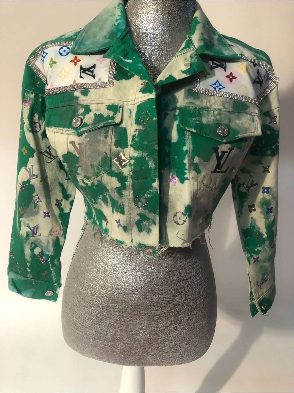 Green and Cream Tie-Dye Cropped Denim Jacket with Logo Accents